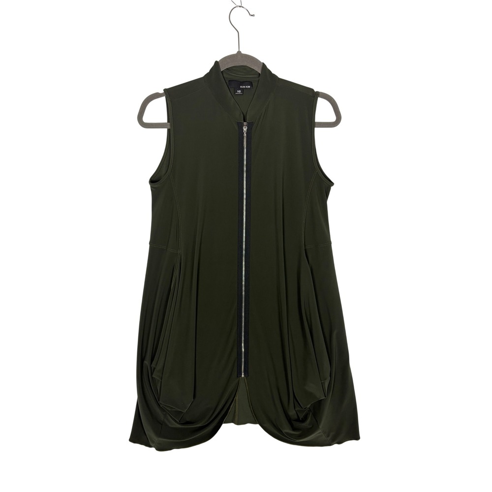 Sun Kim Vest Women XS Palm Bay Olive Zip Front Bubble‎ Hem Lagenlook Tunic